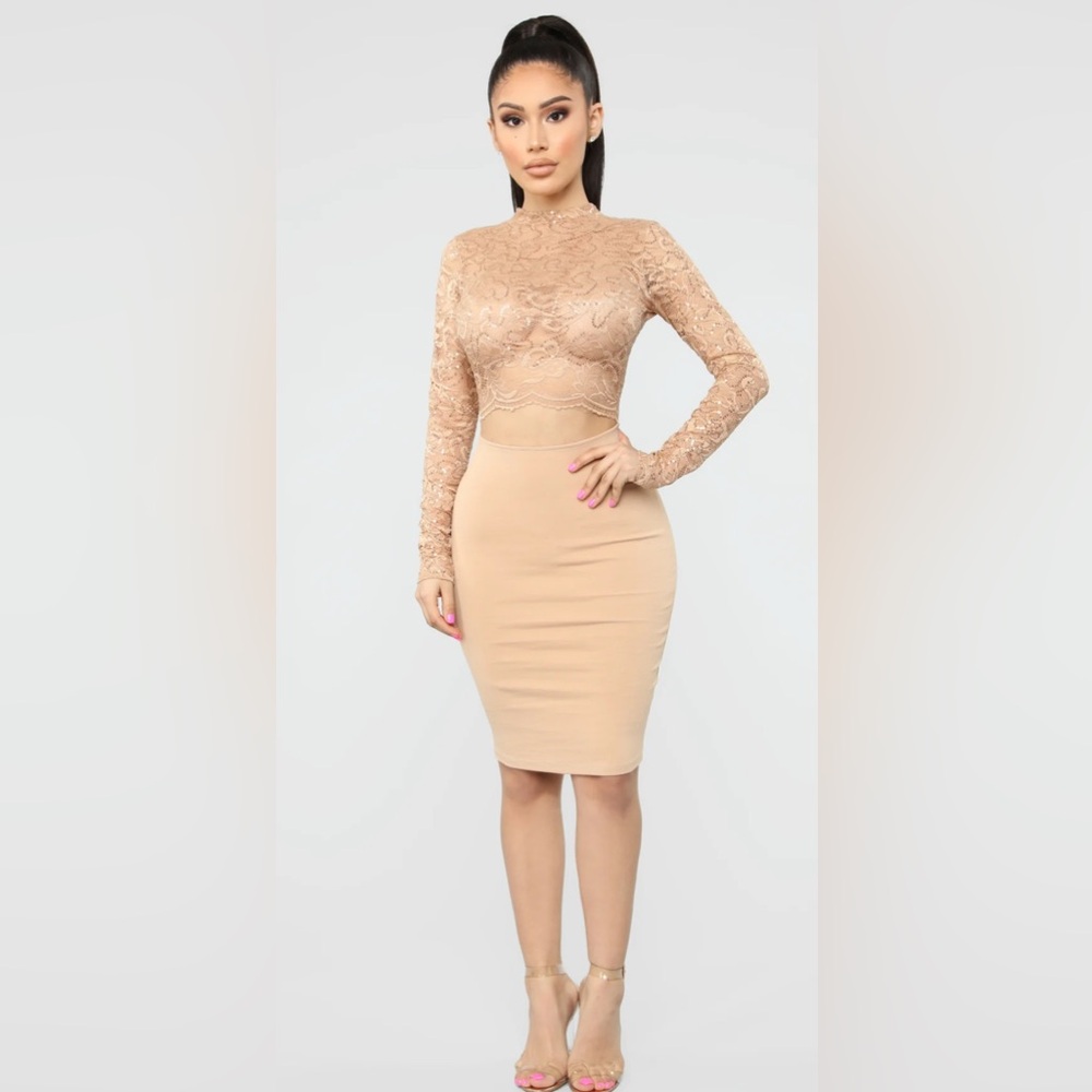 Fashion Nova Tan Long Sleeve Sweetheart Bodycon Dress